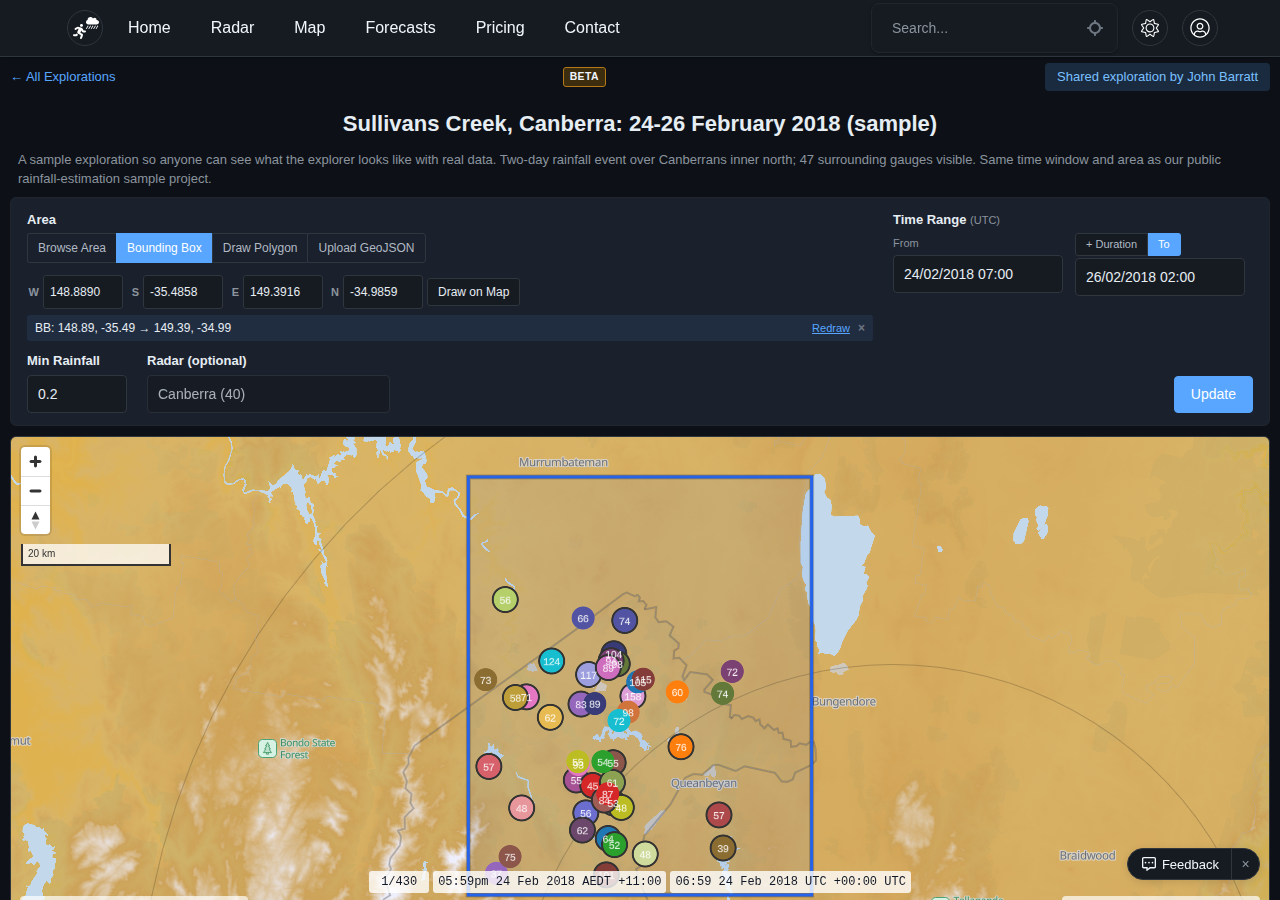 Rainfall Extractor page showing the Sullivans Creek event (dark theme)