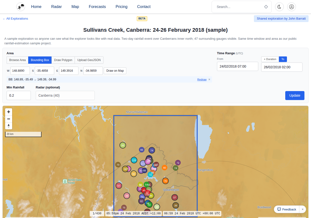 Rainfall Extractor page showing the Sullivans Creek event: map with bounding box and a cluster of rain gauge markers, parameters row, and the gauge filter row underneath